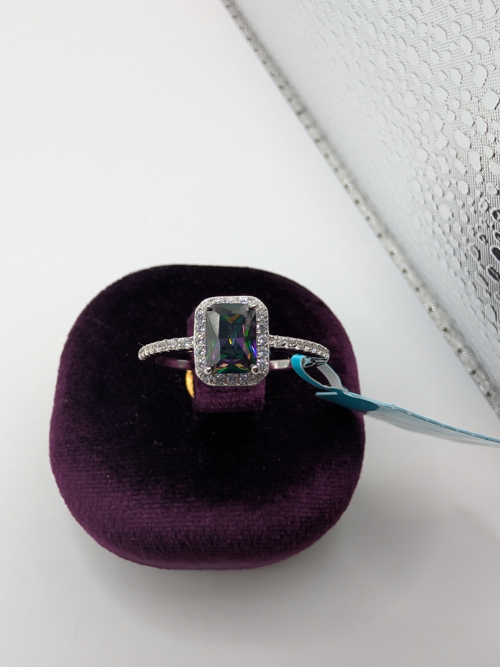 NWT 925 Sterling Silver Emerald Cut Mystic Topaz CZ Halo Ring Size 9